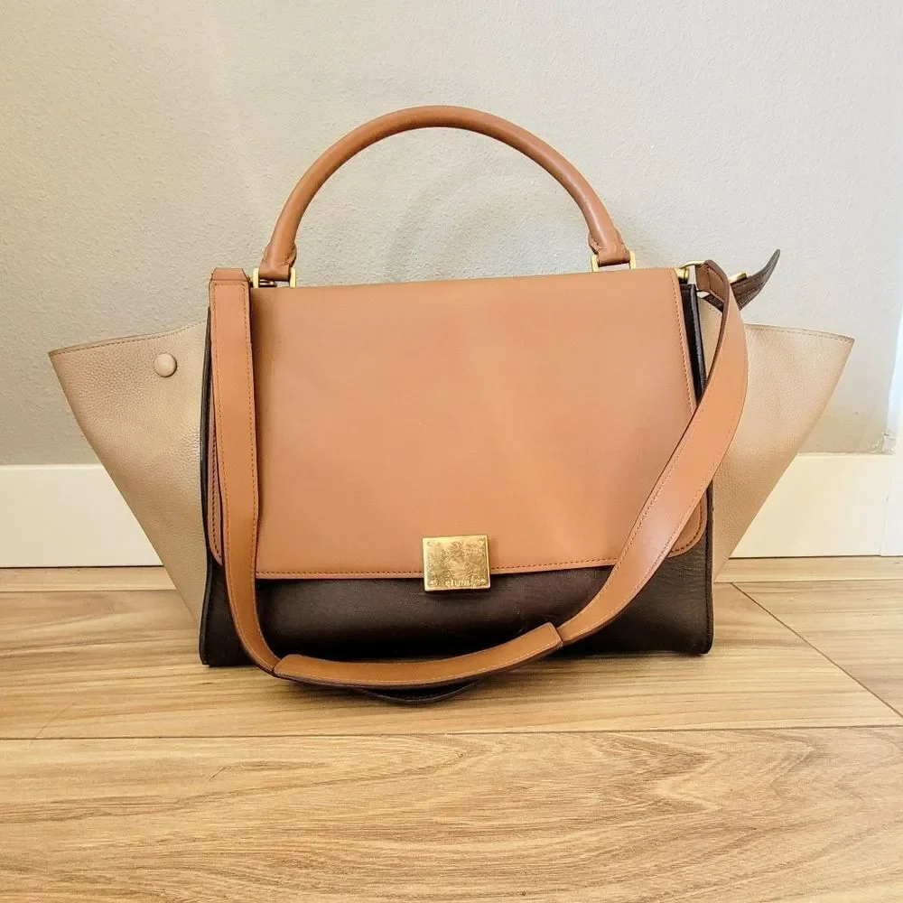 Celene Tricolor Medium Trapeze Luggage Satchel in Cognac Brown Tan